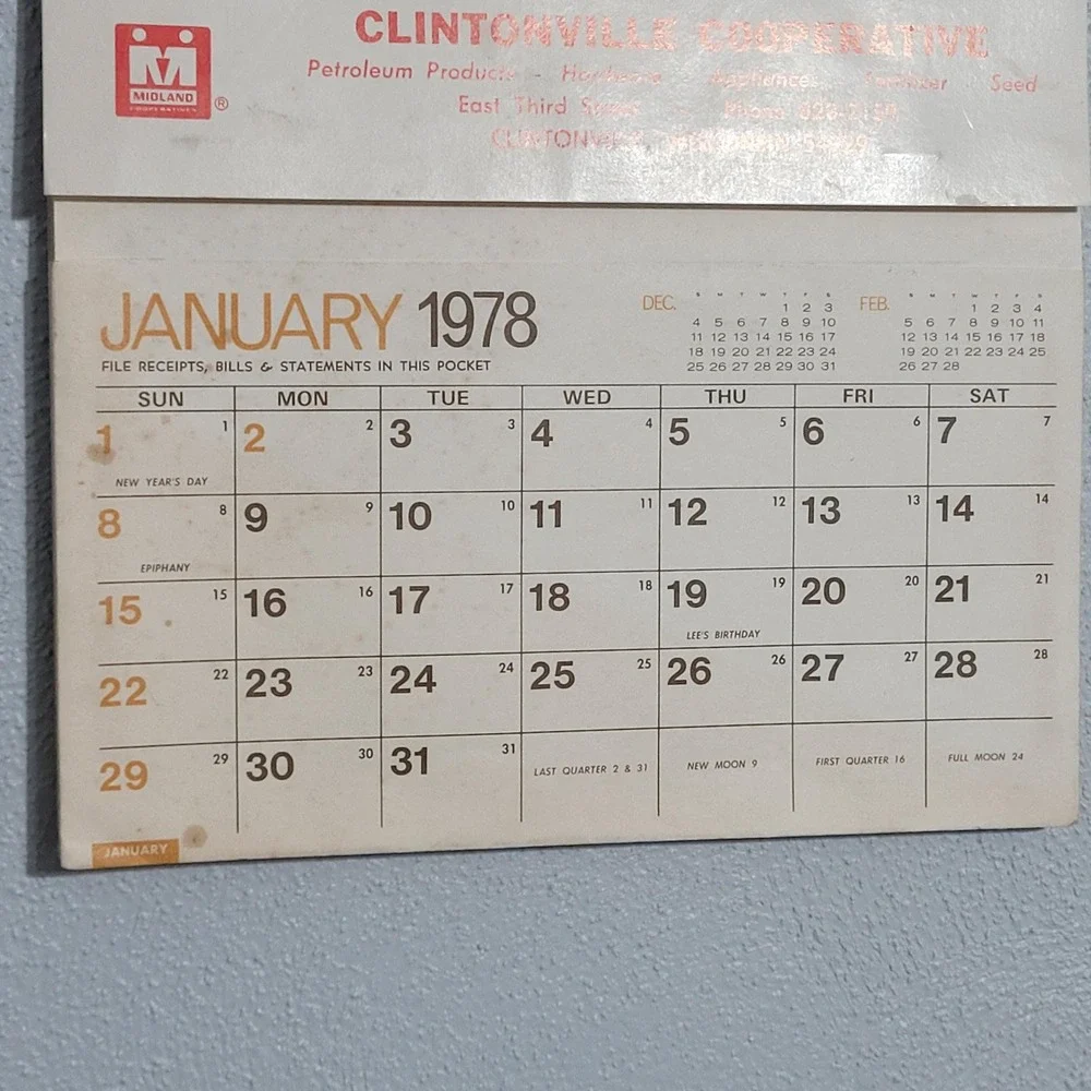 1978 Clintonville CoopWall Calendar Pencil Holder‎ Clintonville Wisconsin